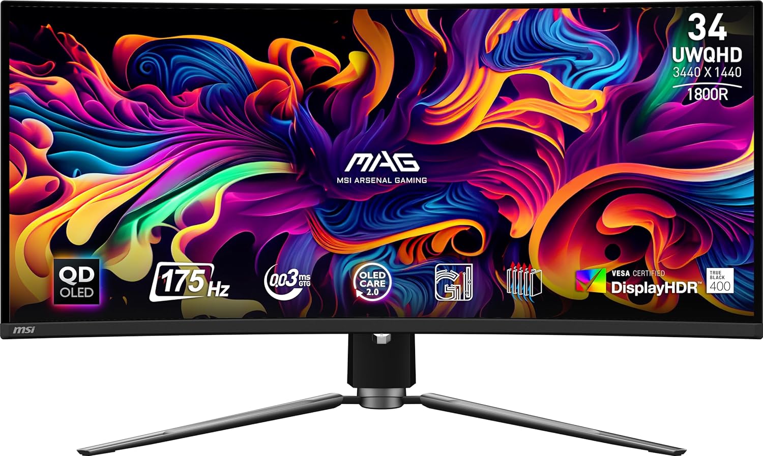 MSI Mag 341CQP QD-OLED 34 Pollici UWQHD Curvo Gaming Monitor - 1800R, 3440 x 1440 Pannello OLED, 175Hz 