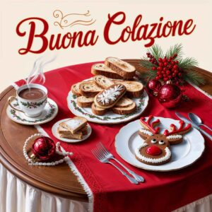 Immagine di una tavola apparecchiata per la colazione con decorazioni natalizie, accompagnata dalla scritta &#039;Buona colazione, Natale è nell&#039;aria&#039;