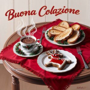 Immagine di una tavola imbandita per una colazione natalizia, con biscotti, fette di pane tostato e caffè caldo, accompagnata dalla scritta &#039;Buona colazione&#039;