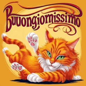 Un gatto arancione rilassato, disteso su un fianco, guarda verso l&#039;osservatore con un&#039;espressione giocosa. Sopra la scena si legge &quot;Buongiornissimo&quot;