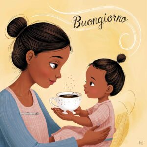 Madre e figlia che condividono una tazza di caffè, scena dolce del buongiorno