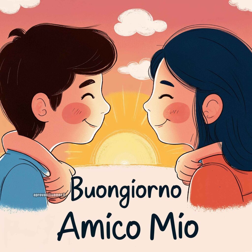 Due amici che si abbracciano sorridendo, con il sole che tramonta dietro di loro. Testo: "Buongiorno Amico Mio". Immagini buongiorno nuovissime.