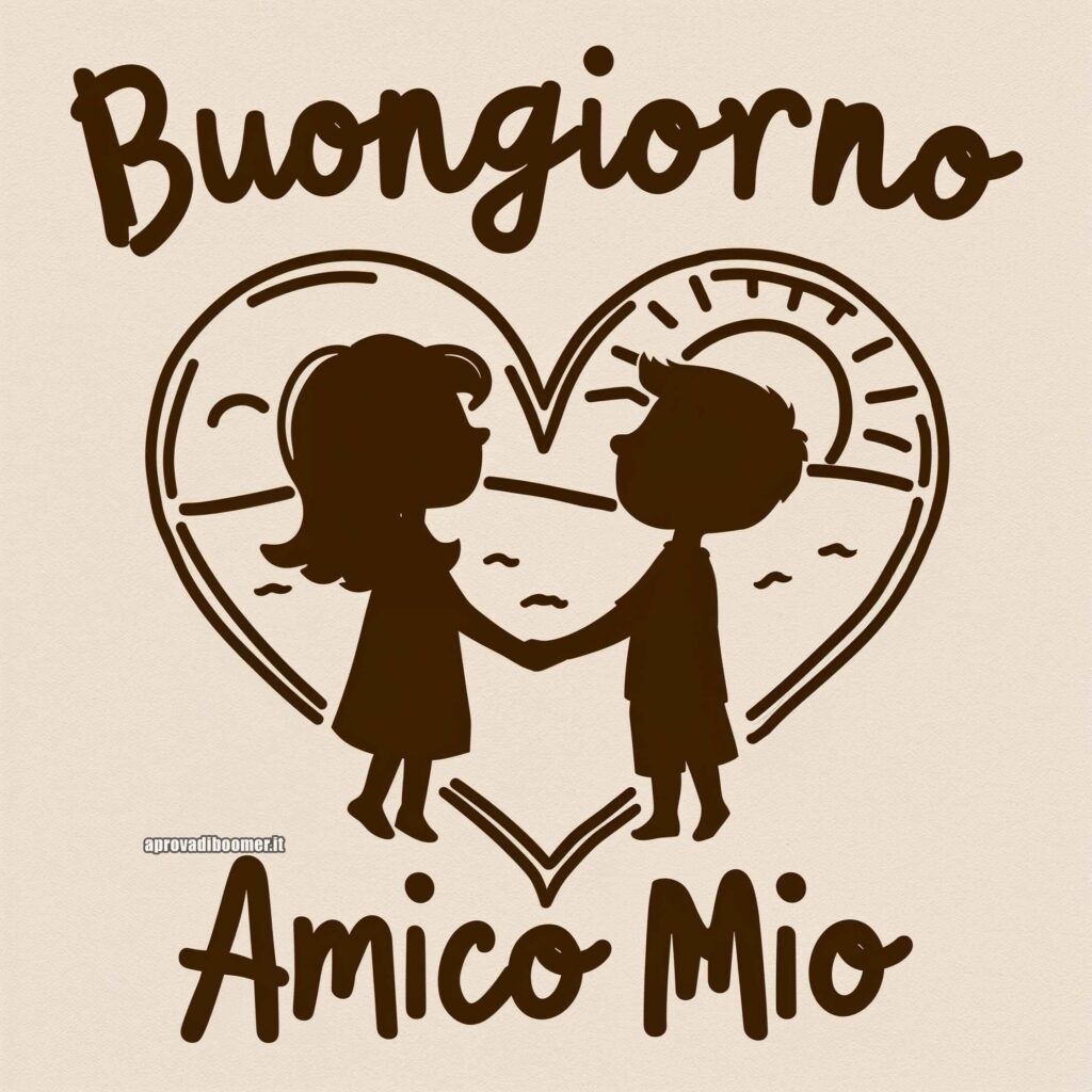 Disegno stilizzato di due persone che si tengono per mano dentro un cuore al tramonto. Testo: "Buongiorno Amico Mio". Immagini buongiorno nuovissime.