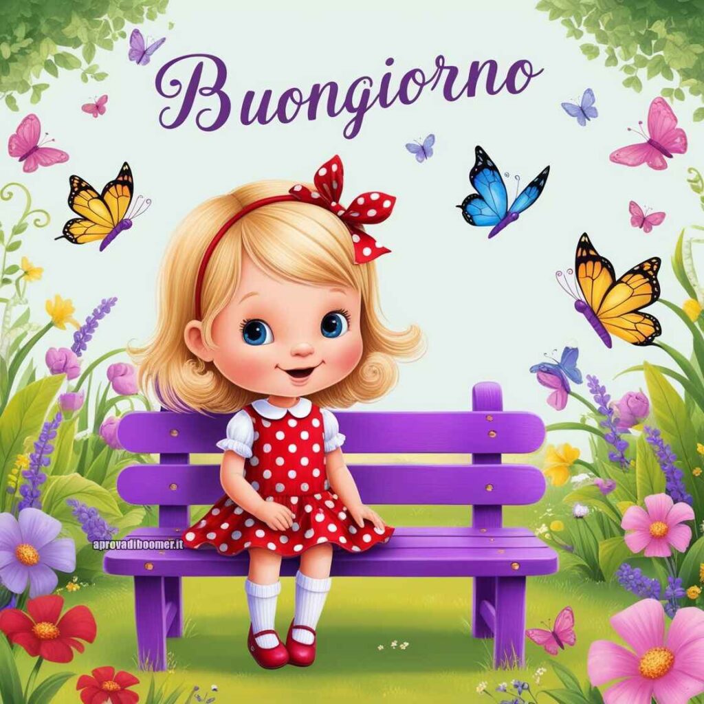 Una dolce bambina bionda seduta su una panchina viola, circondata da farfalle colorate in un giardino fiorito. Il testo dice "Buongiorno"