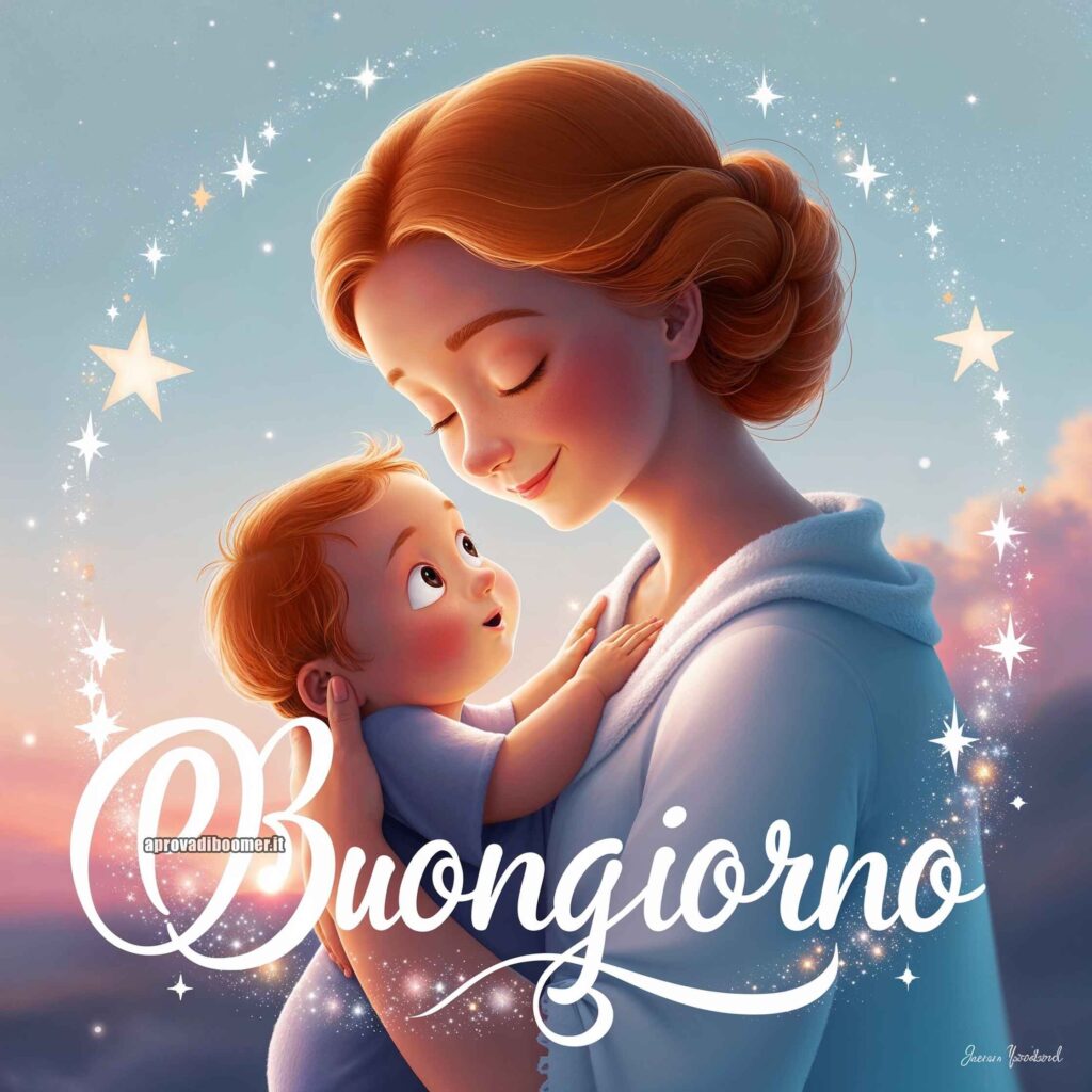 Una mamma che abbraccia dolcemente il suo bambino, circondata da stelle luminose. Il testo dice "Buongiorno".