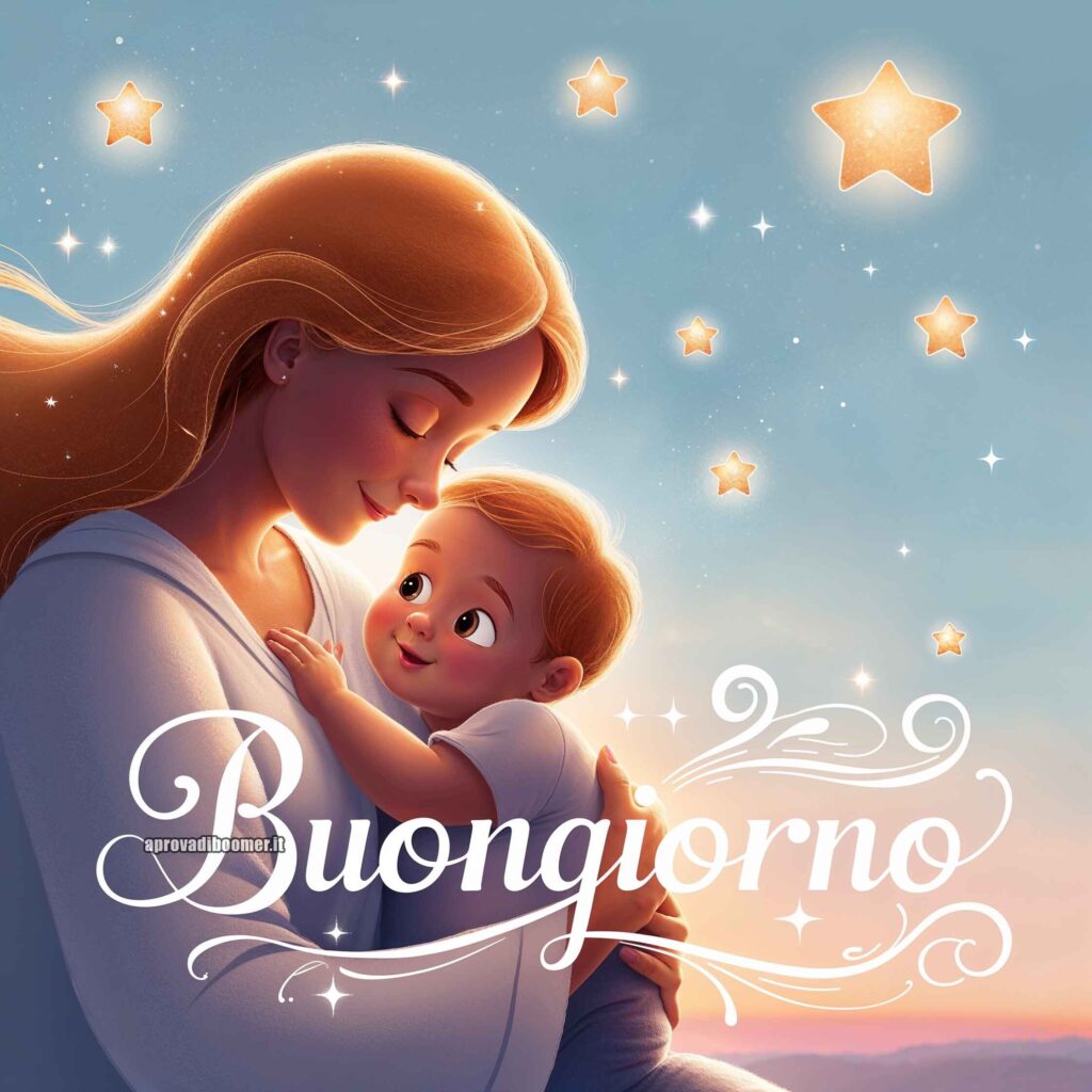 Un'illustrazione dolce di una mamma che guarda con amore il suo bambino, circondata da stelle brillanti nel cielo. Il testo dice: "Buongiorno"