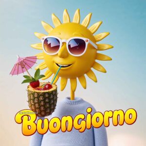 Un sole sorridente indossa occhiali da sole e beve un cocktail da un&#039;ananas con una cannuccia. Il testo dice: &quot;Buongiorno.&quot;