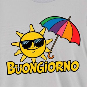 Un sole cartoon con occhiali da sole e un ombrello arcobaleno in mano, sorridendo. Il testo dice: &quot;Buongiorno.&quot;