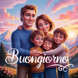 Un&#039;illustrazione di una famiglia felice con genitori e tre figli abbracciati in un paesaggio montano al tramonto. Il testo recita: &quot;Buongiorno.&quot;