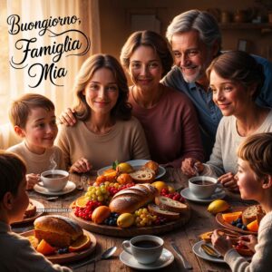 Una famiglia sorridente con generazioni diverse si riunisce attorno a un tavolo per fare colazione, con pane, frutta e tazze di caffè.