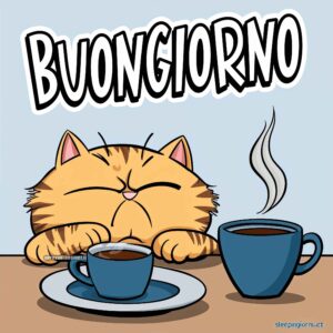 Un cartone animato di un gatto assonnato con una tazza di caffè fumante sul tavolo. Il testo recita: &quot;Buongiorno.&quot;