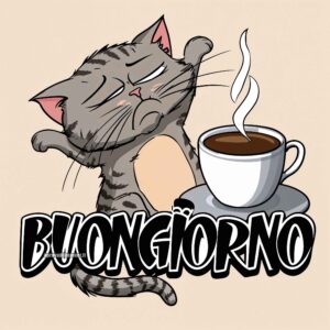 Un cartone animato di un gatto stanco che si stiracchia vicino a una tazza di caffè fumante. Il testo recita: &quot;Buongiorno.&quot;