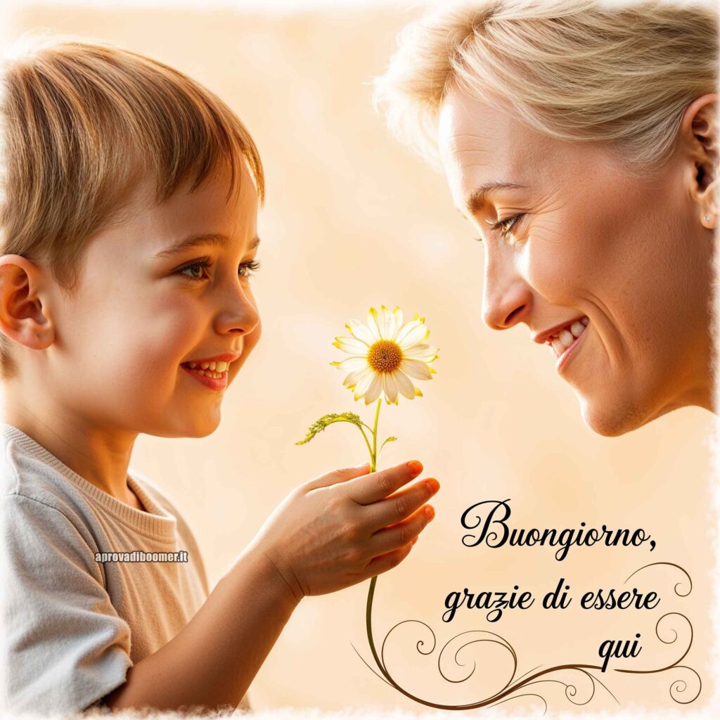 Un bambino sorride dolcemente mentre regala una margherita a una donna, in un'immagine piena di gratitudine e affetto. Il testo recita: "Buongiorno, grazie di essere qui."