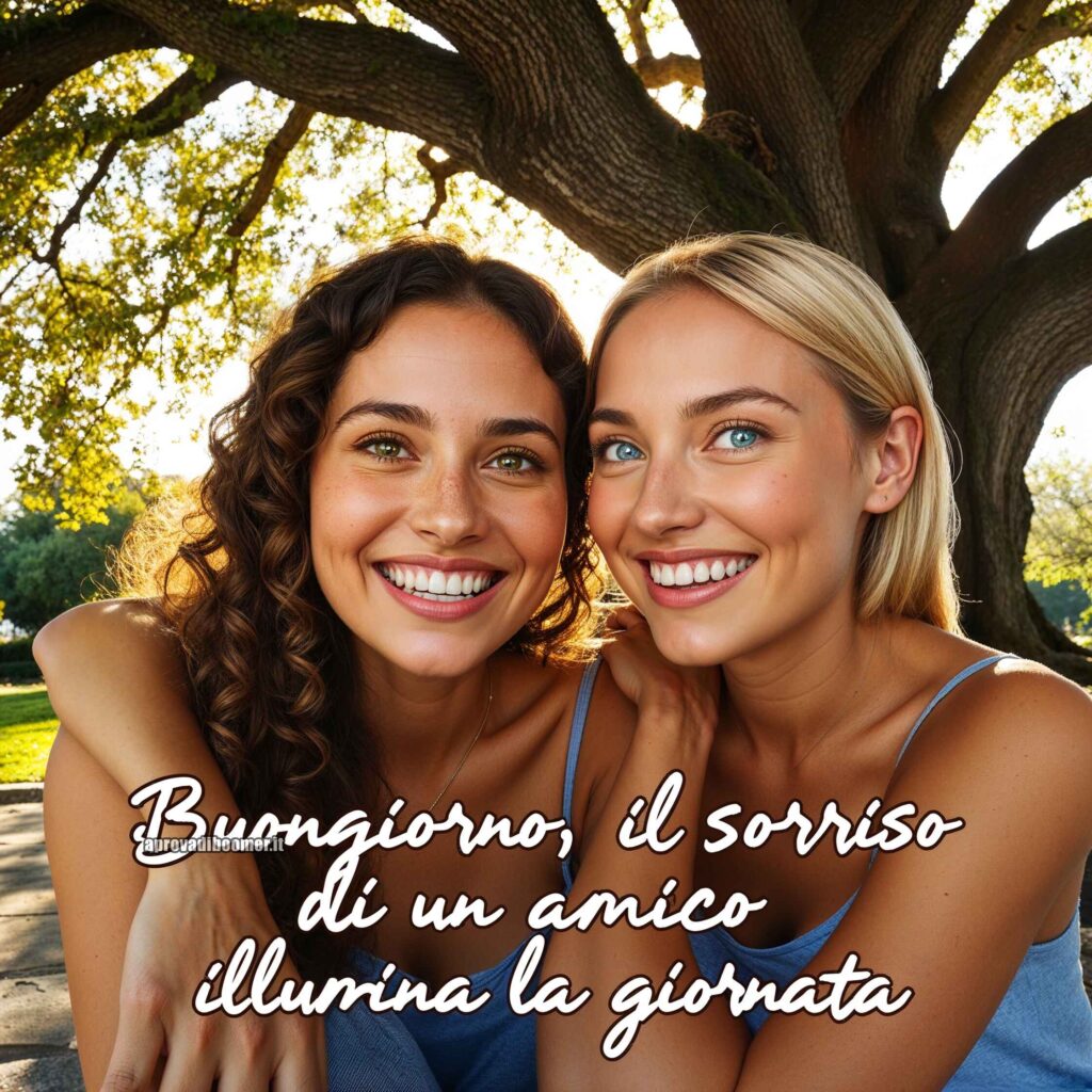 Due giovani donne sorridenti sedute insieme sotto un grande albero in una giornata luminosa.
