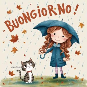 Bambina illustrata e gatto sotto un ombrello durante la pioggia