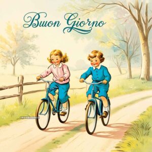 Due bambini in bicicletta su una strada di campagna in un'illustrazione in stile vintage.