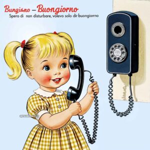 Illustrazione vintage di una bambina al telefono anni &#039;50 che saluta con &#039;Buongiorno&#039;