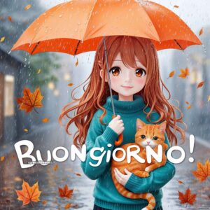 Illustrazione di una bambina con ombrello arancione e gatto sotto la pioggia autunnale