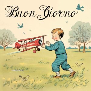 Bambino vintage con un aeroplano rosso che gioca in un prato