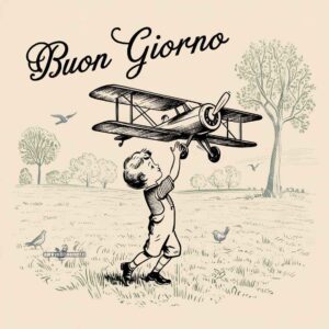 Bambino in stile vintage che gioca con un aeroplano in un prato