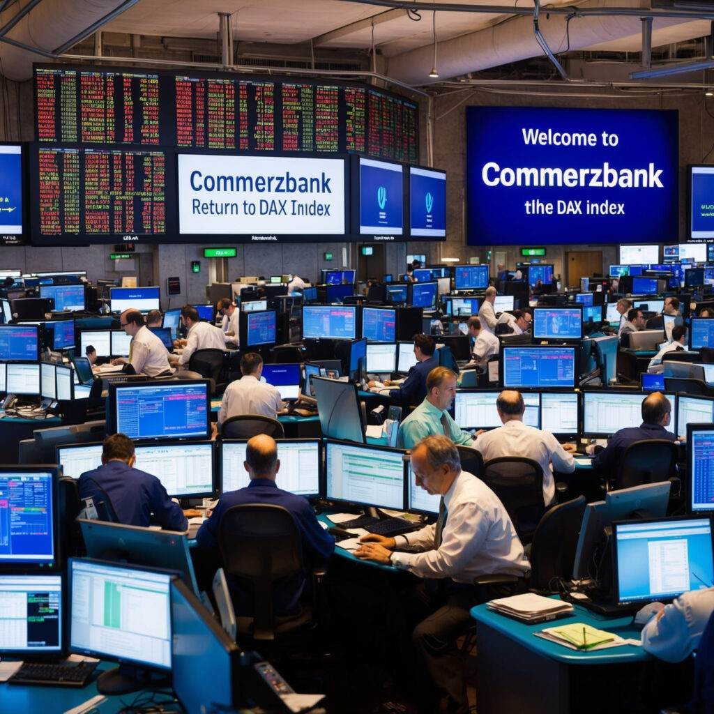 Sala di trading Commerzbank con schermi e grafici di mercato.