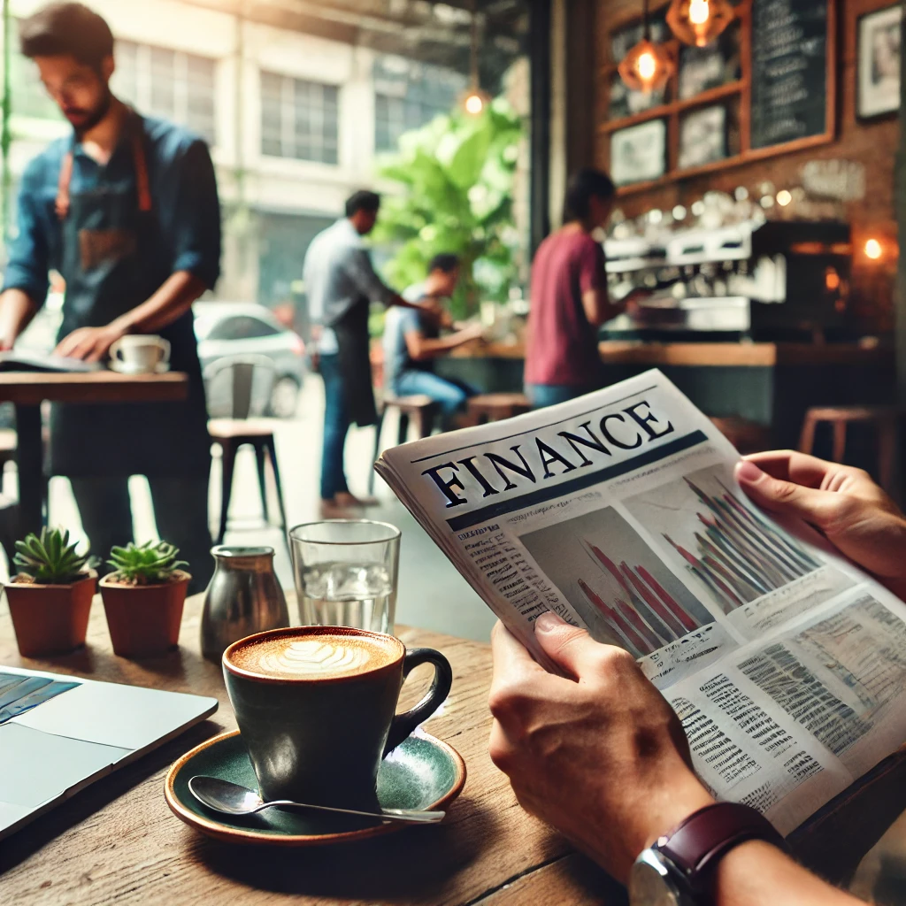 Persona che legge una rivista finanziaria in un caffè, rappresentando Illimity Premium