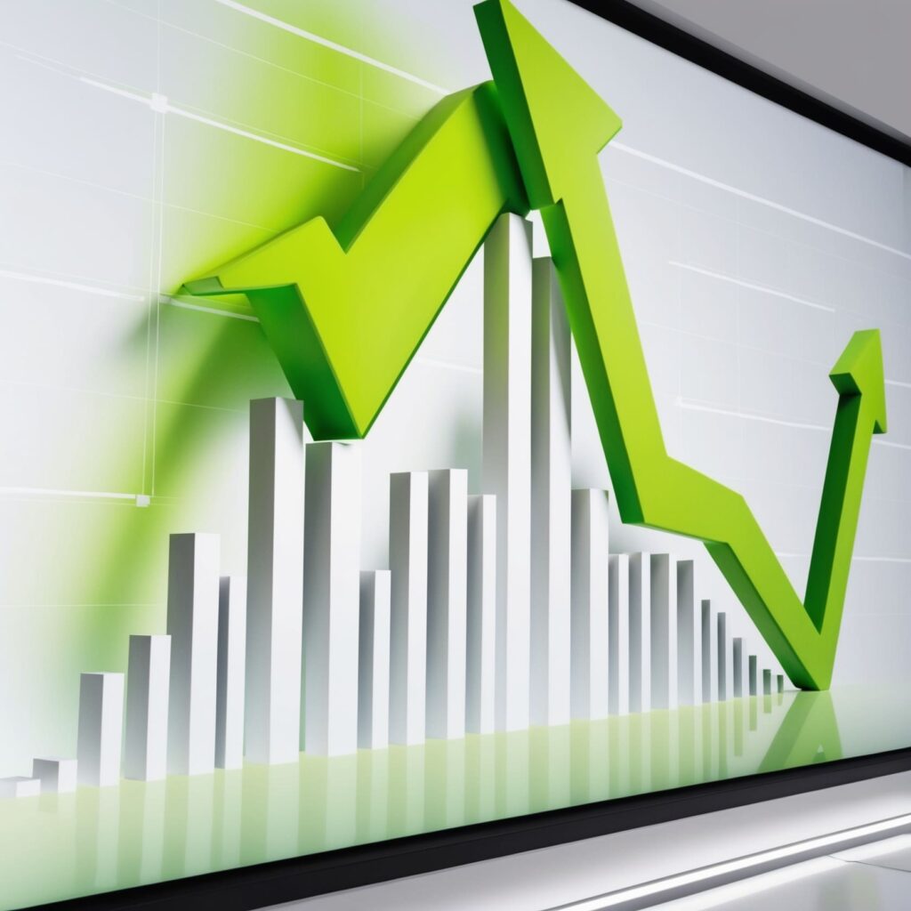 Grafico 3D con frecce verdi che indicano una crescita nei mercati finanziari